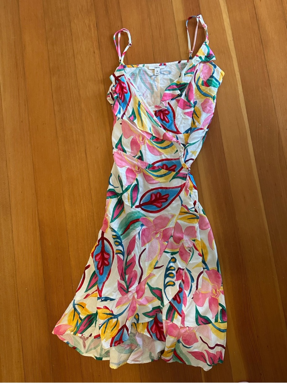 Bar III Pink Floral Wrap Midi Dress with Multicolor Leaves - Picture 3 of 6
